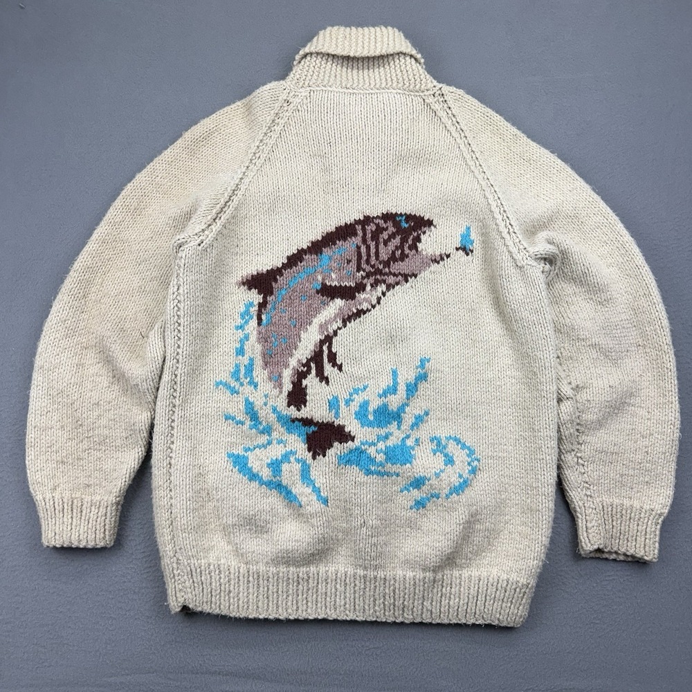 Vintage Cowichan Hand Knit Zip up Sweater Fishing Salmon Trout Basket Large 60s